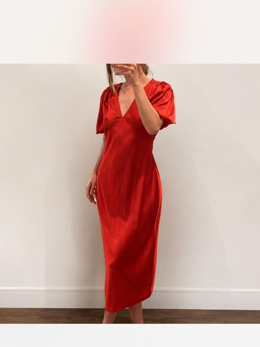 Elegant Red Midi Dress with Puff Sleeves